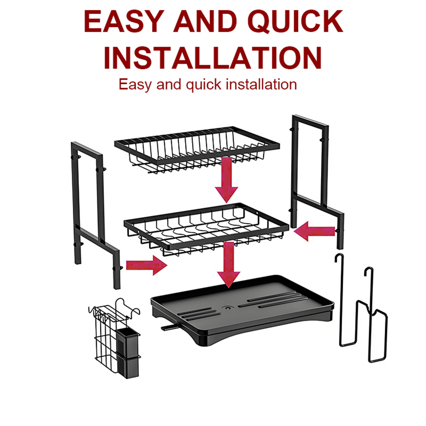KRKZ 2-Tier Dish Rack - Carbon Steel Kitchen Organizer w/Knife & Cup Holders, Space-Saving for Dishes/Utensils (Black 16.3"x11.8"x13")