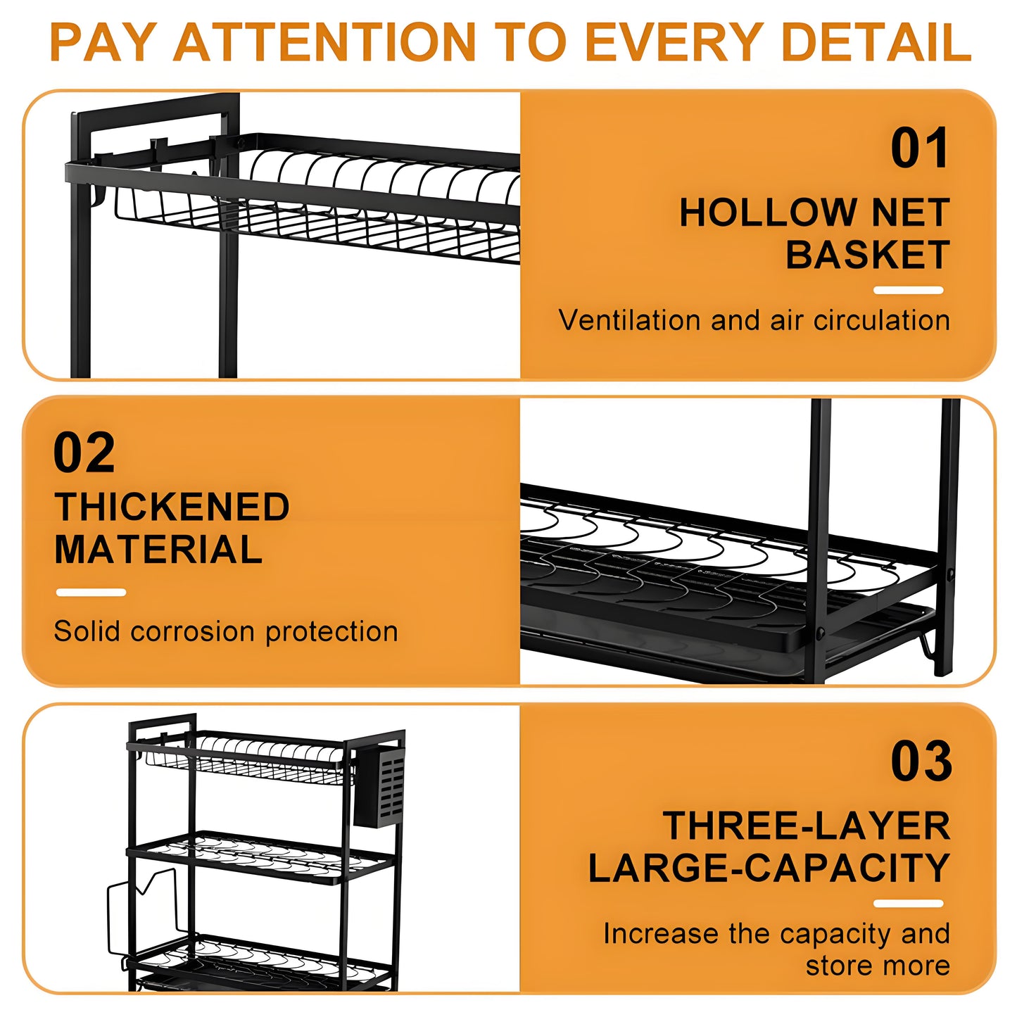 KRKZ Three-layer Kitchen Bowl, Plate, and Chopstick Organizer with Drainage Tray (Black, 21.06 x 9.84 x 19.88in)