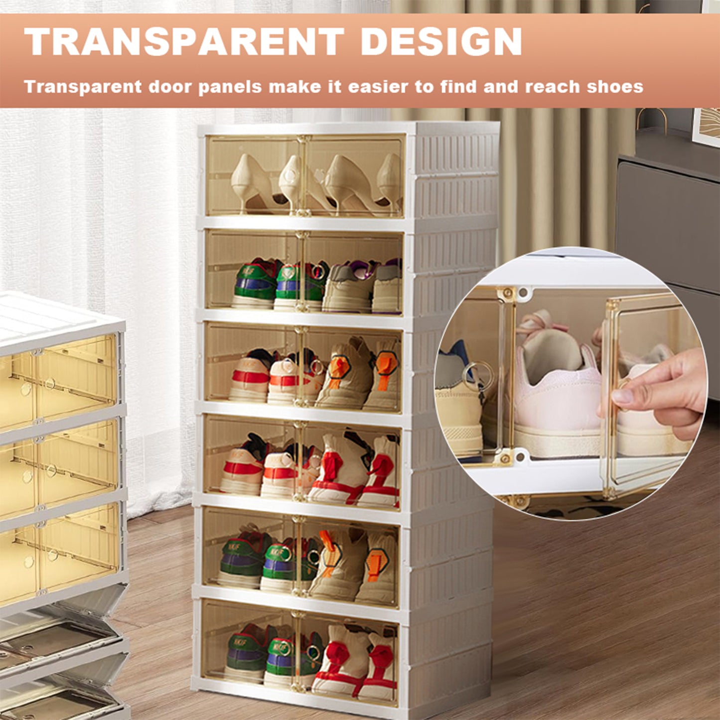 KRKZ 6-Tier Foldable Shoe Organizer - Double Row Clear Storage Box for Shoes/Toys, No Assembly Needed, Space-Saving Dustproof Design (15.8"x9.3"x20.1")