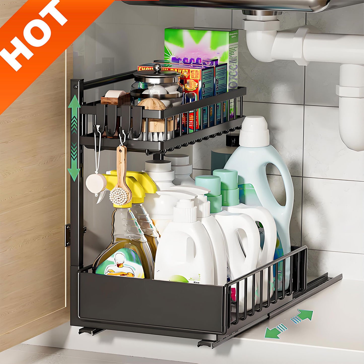 KRKZ Under-Sink Organizer - 2-Tier Slide-Out Metal Rack, Black 13.8"x10.2"x15.8"