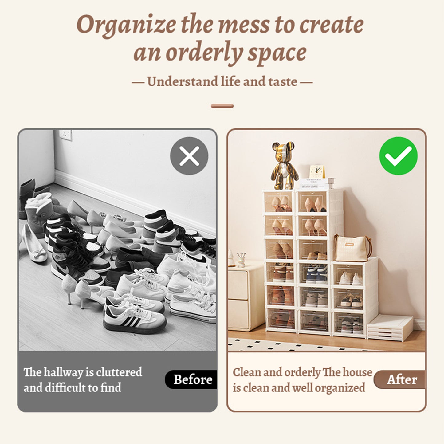 KRKZ 6-Tier Foldable Shoe Organizer - Semi-Transparent Stackable Storage with Doors, Space-Saving for Men's Sneakers (White 15.8"x7.3"x12.2")