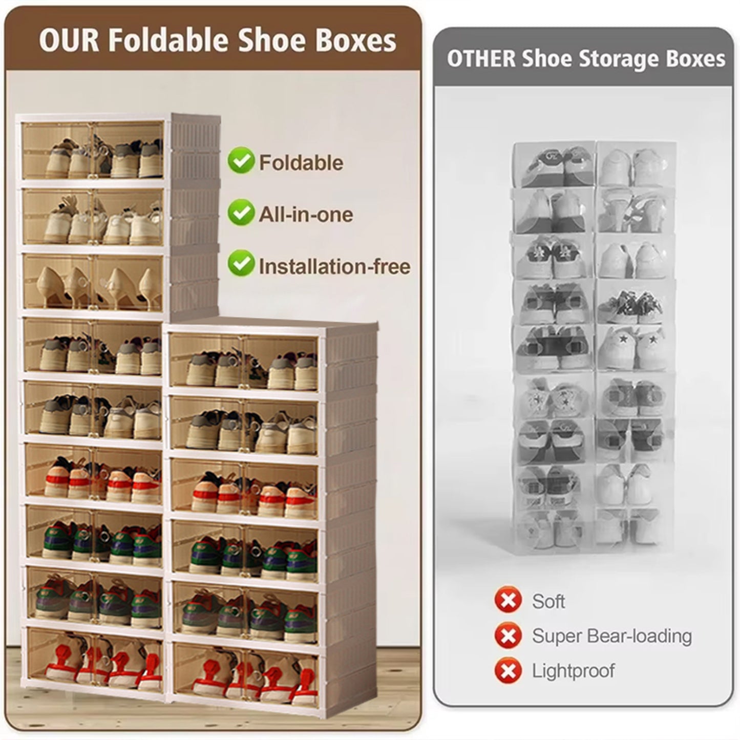 KRKZ 6-Tier Foldable Shoe Organizer - Double Row Clear Storage Box for Shoes/Toys, No Assembly Needed, Space-Saving Dustproof Design (15.8"x9.3"x20.1")