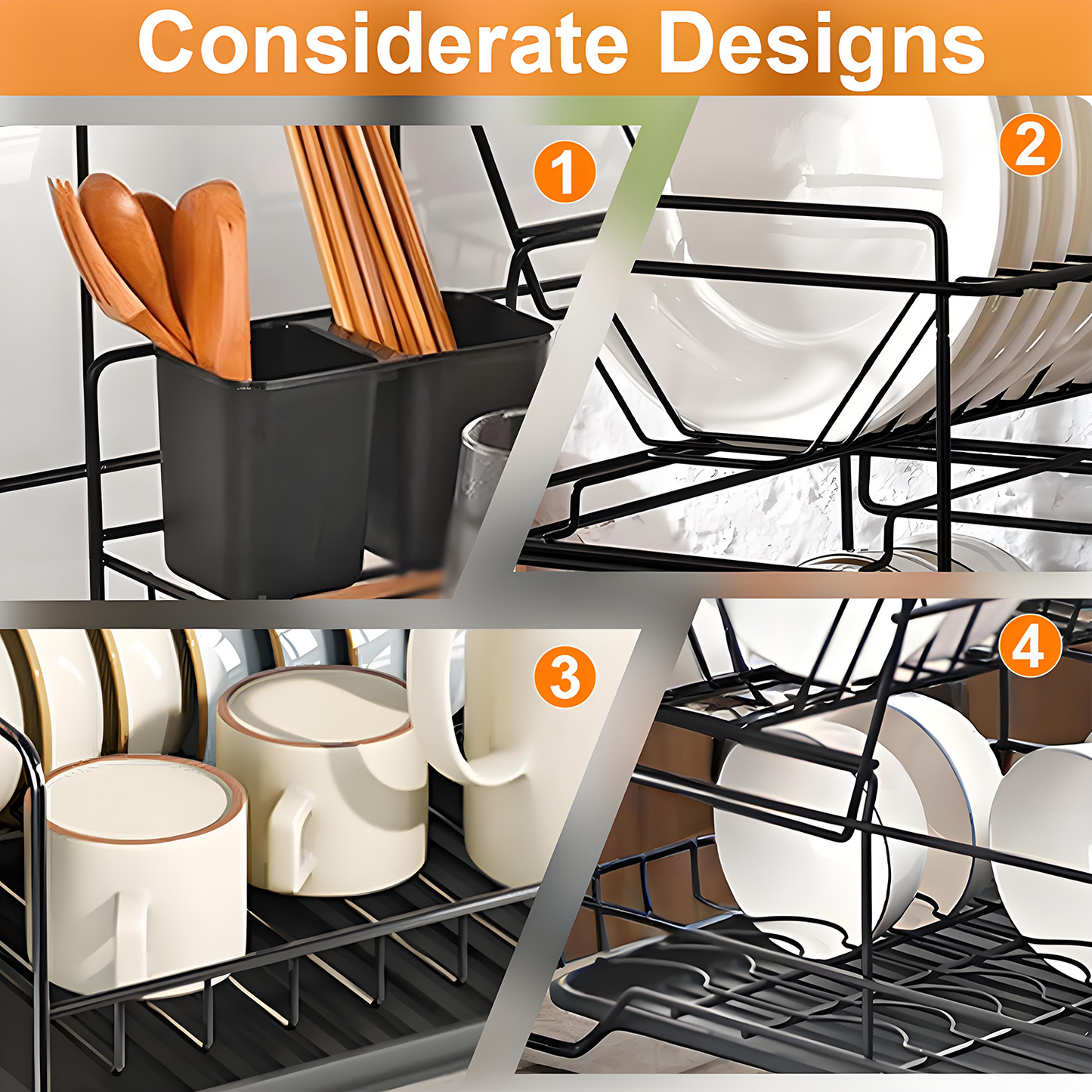 KRKZ Stackable Double Layer Dish Rack, Space-Saving and Durable for Kitchen Use (Black, 16.92 x 12.99 x 10.23 in)