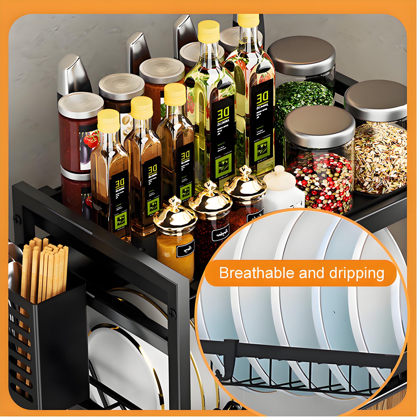 KRKZ Three-layer Kitchen Bowl, Plate, and Chopstick Organizer with Drainage Tray (Black, 21.06 x 9.84 x 19.88in)