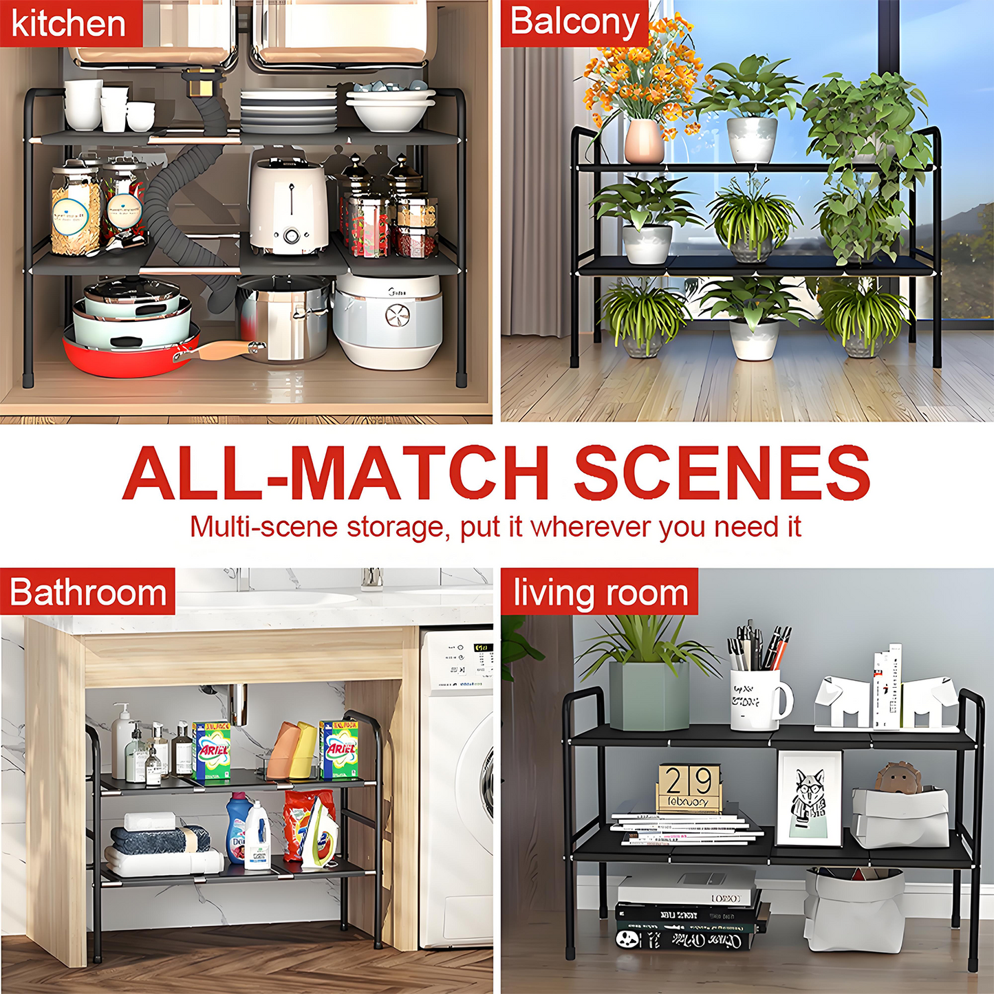 KRKZ Expandable Under-Sink Organizer - 2-Tier Adjustable Storage, Black 26.4"x9.8"x16.5"