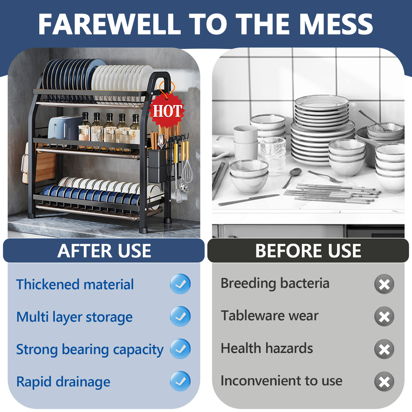 KRKZ 3-Tier Dish Rack - Steel Kitchen Drainer for Dishes, Utensils, Cutting Boards & Chopsticks (Black 20.7x9.6x25in)