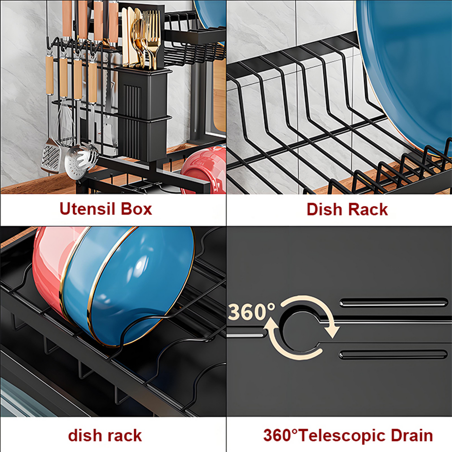 KRKZ 2-Tier Dish Rack - Carbon Steel Kitchen Organizer w/Knife & Cup Holders, Space-Saving for Dishes/Utensils (Black 16.3"x11.8"x13")