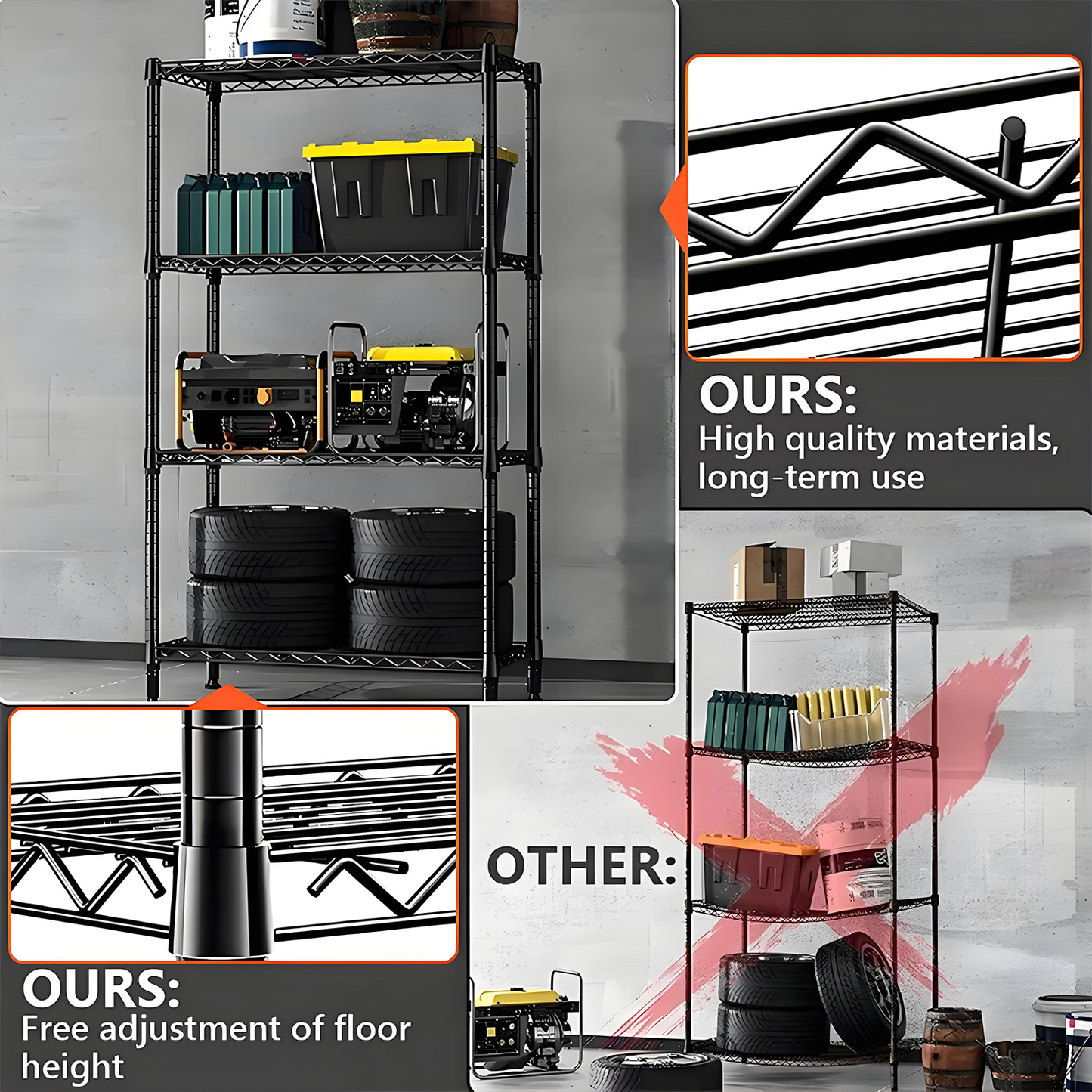 KRKZ Adjustable 4-Shelf Heavy Duty Metal Storage Shelving Unit in Black,22*13.78*47 Inches, Perfect Organizer for Kitchen and Bathroom