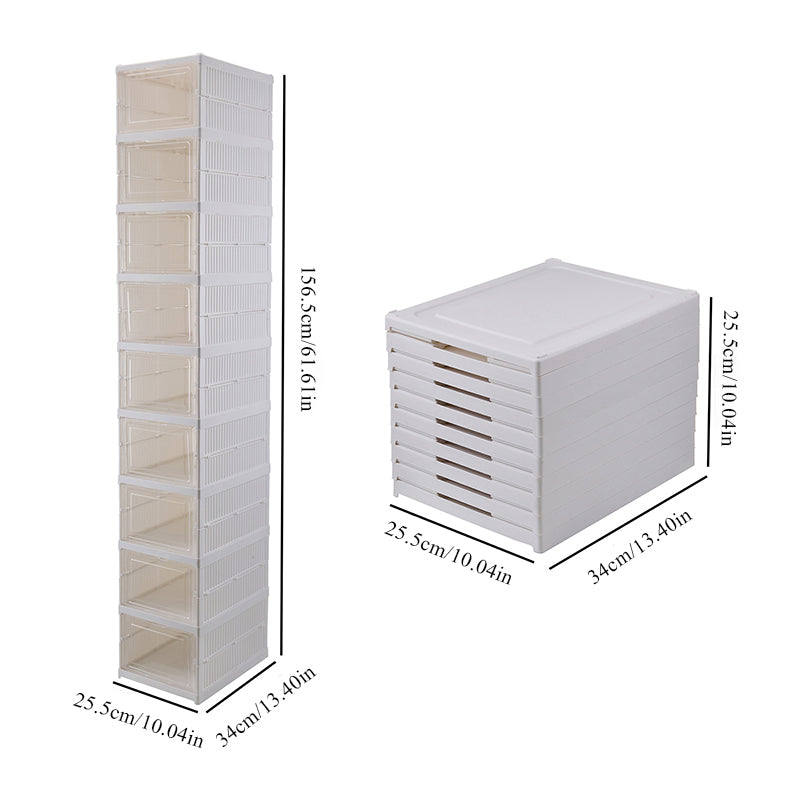 KRKZ 9-Tier Foldable Shoe Organizer - Semi-Transparent Stackable Storage Boxes w/Doors, Space-Saving for Closet/Bedroom (White 12.2"x10.2"x15.8")